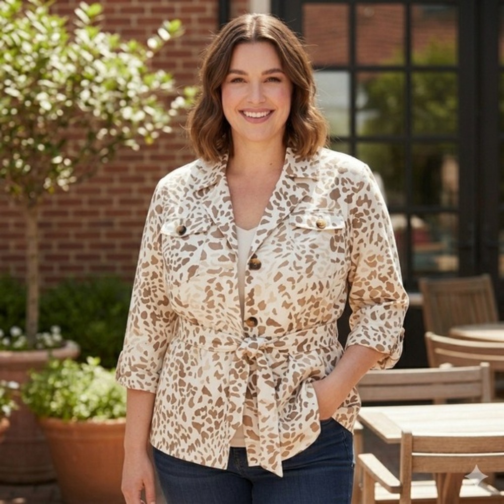 SALE Susan Bristol Woman Safari Jacket Women 20 Tan Animal Print‎ Belted Utility